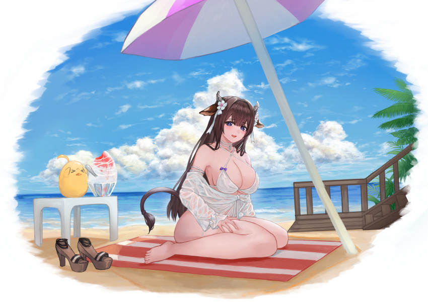 &gt;_&lt; 1girl animal_ears azur_lane beach beach_umbrella bikini blue_sky breasts brown_footwear brown_hair clouds cow_ears cow_girl cow_horns cow_tail criss-cross_halter flower full_body hair_flower hair_ornament halterneck high_heels highres hitsuji_(sheepsb22) horns huge_breasts kashino_(after-bath_pleasure)_(azur_lane) kashino_(azur_lane) long_hair looking_at_viewer manjuu_(azur_lane) multi-strapped_bikini official_alternate_costume outdoors palm_tree parfait shirt shoes shoes_removed sitting sky solo swimsuit tail tree umbrella violet_eyes wariza water wet wet_clothes wet_shirt white_bikini white_flower white_shirt