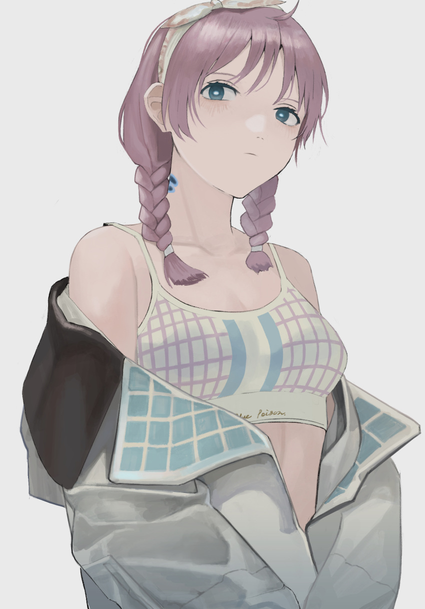 1girl arknights blue_eyes blue_poison_(arknights) blue_poison_(shoal_beat)_(arknights) bow_hairband braid character_name closed_mouth collarbone commentary expressionless grey_background grey_jacket hairband highres jacket long_hair long_sleeves looking_at_viewer mk_taso off_shoulder official_alternate_costume pink_hair pink_sports_bra simple_background solo sports_bra twin_braids upper_body white_hairband white_sports_bra