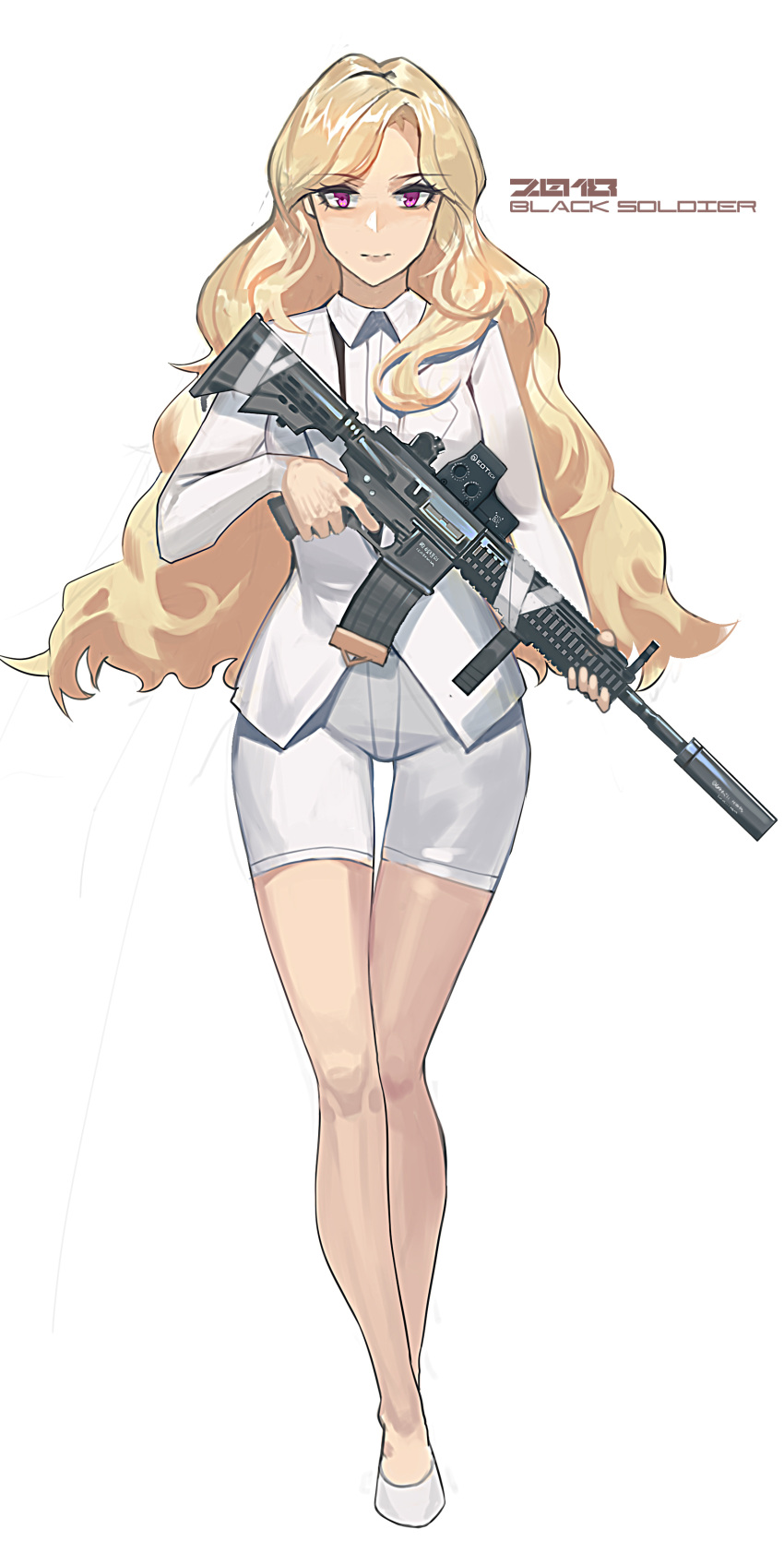 1girl absurdres assault_rifle bangs black_soldier blonde_hair closed_mouth forehead full_body gun h&amp;k_hk416 highres holding holding_gun holding_weapon jacket long_hair long_sleeves looking_at_viewer military original red_eyes rifle shorts simple_background smile solo standing weapon white_background white_footwear white_jacket white_shorts