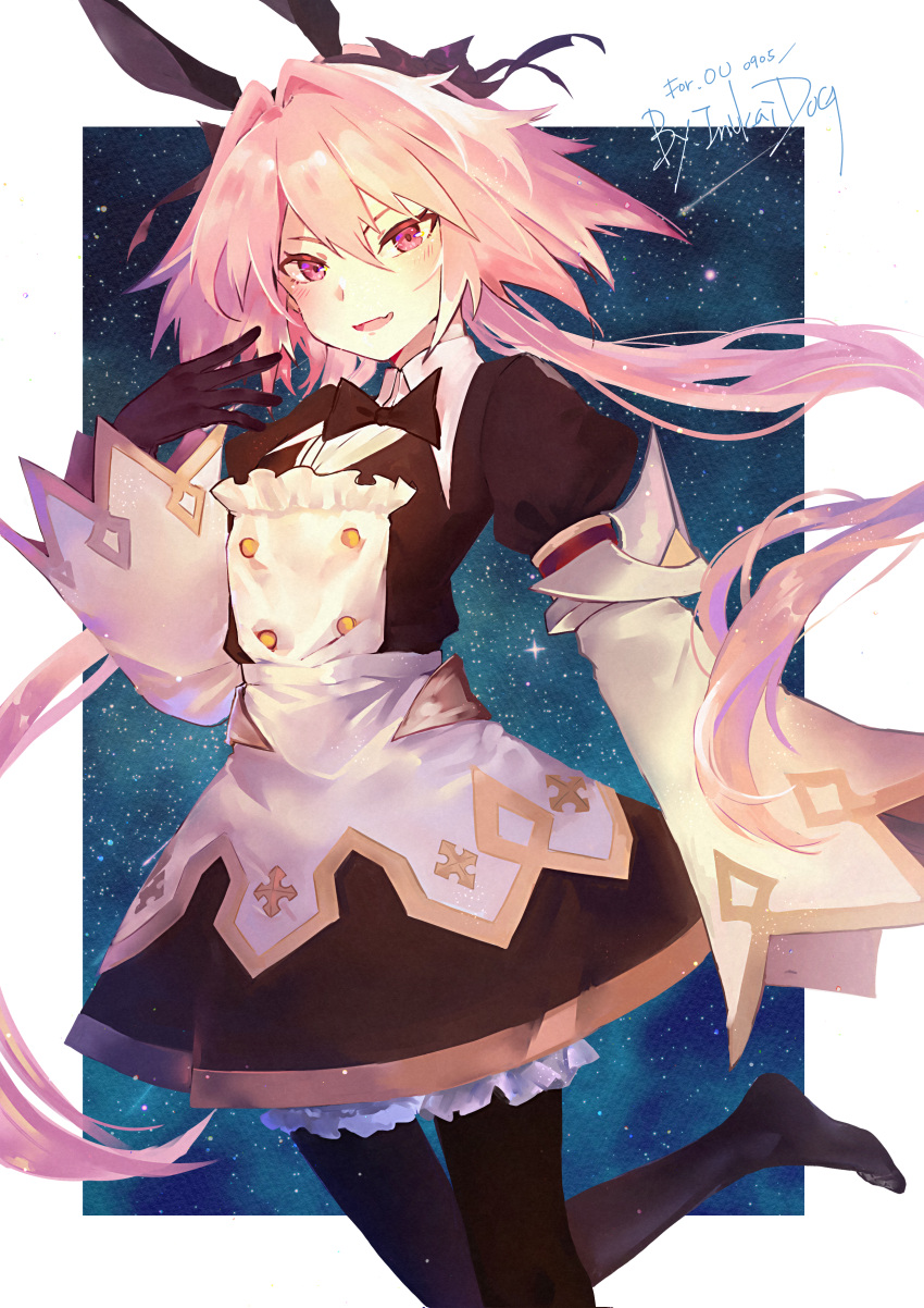1boy absurdres astolfo_(fate) astolfo_(saber)_(fate) bangs black_dress black_gloves black_legwear blush border bow bowtie dogdogwanwan dress fate/grand_order fate_(series) gloves hair_bow hair_intakes hair_ribbon highres juliet_sleeves layered_skirt long_hair long_sleeves looking_at_viewer low_twintails multicolored_hair open_mouth otoko_no_ko pink_hair puffy_sleeves ribbon skirt sky smile solo star_(sky) starry_sky streaked_hair thighs twintails violet_eyes white_border white_hair white_skirt wide_sleeves