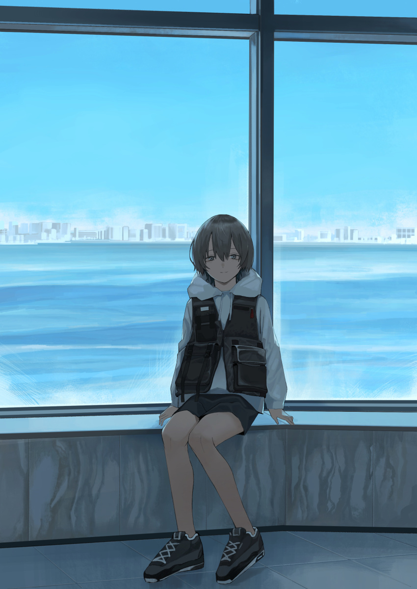 1girl absurdres bare_legs black_footwear black_skirt black_vest blue_sky brown_eyes brown_hair closed_mouth commentary english_commentary full_body highres hood hood_down hoodie indoors light_smile long_sleeves looking_at_viewer mk_taso ocean original short_hair simple_background skirt sky skyline solo vest white_hoodie window