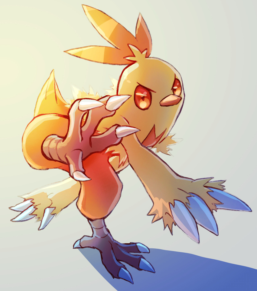claws closed_mouth combusken commentary_request full_body fusenryo gen_3_pokemon highres leg_up looking_at_viewer no_humans orange_eyes pokemon pokemon_(creature) solo standing standing_on_one_leg talons
