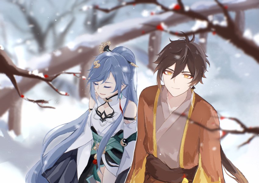 1boy 1girl :d absurdres bangs bare_shoulders black_hair blurry blurry_background blurry_foreground branch brown_hair closed_mouth company_connection crossover dress earrings fu_hua fu_hua_(azure_empyrea) genshin_impact hair_between_eyes hair_ornament hanaqiao highres honkai_(series) honkai_impact_3rd jewelry long_hair long_sleeves looking_at_viewer mihoyo_technology_(shanghai)_co._ltd. open_mouth outdoors ponytail single_earring smile snow snowing white_dress yellow_eyes zhongli_(genshin_impact)