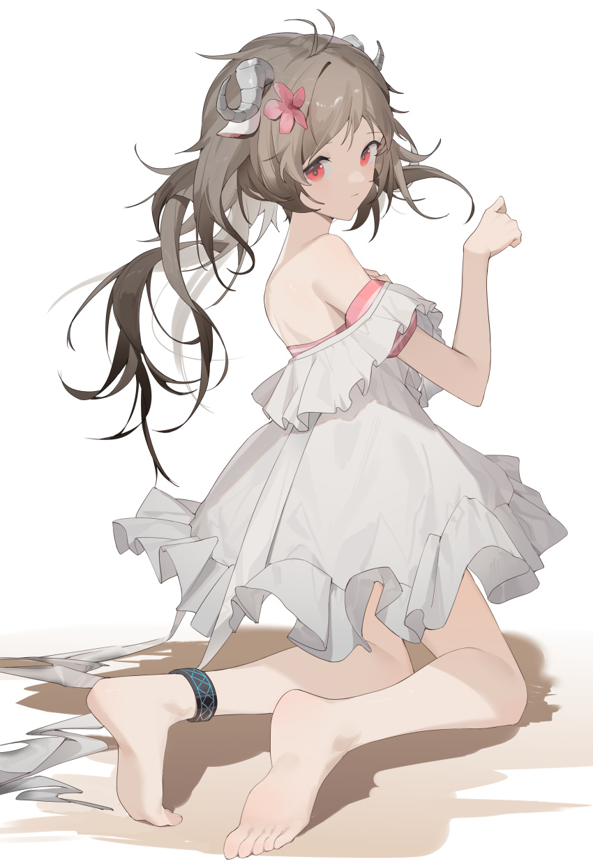 1girl absurdres animal_ears anklet arknights bare_shoulders barefoot dress eyjafjalla_(arknights) facing_back flower hair_flower hair_ornament highres horns jewelry kneeling kuo_(kuo114514) looking_at_viewer sheep_ears sheep_girl sheep_horns simple_background soles solo sundress