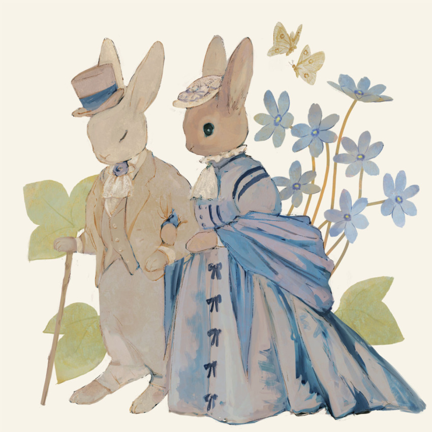 animal animal_focus black_eyes blue_dress blue_flower bow bug butterfly cane closed_eyes coat dress floral_background flower formal frills full_body hat highres leaf locked_arms no_humans original rabbit ribbon shawl simple_background standing suit suit_jacket tono_(rt0no) top_hat walking_stick