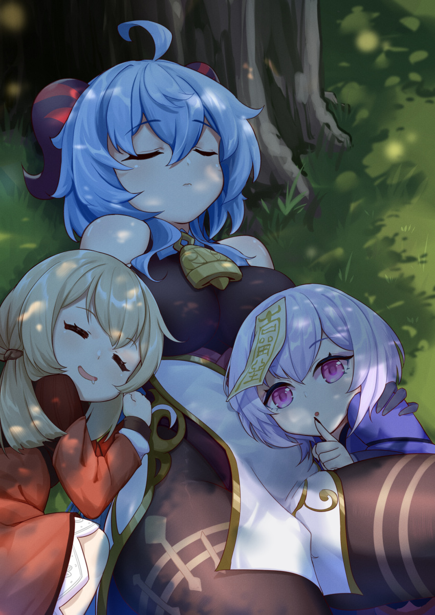 3girls :d ^_^ ^o^ ahoge bangs bell black_bodysuit blue_hair bodysuit chinese_clothes closed_eyes detached_sleeves drooling eyebrows_visible_through_hair finger_to_mouth ganyu_(genshin_impact) genshin_impact hair_between_eyes highres horns hpapo index_finger_raised jiangshi klee_(genshin_impact) light_brown_hair long_hair long_sleeves looking_at_viewer low_twintails lying multiple_girls neck_bell ofuda on_side open_mouth parted_lips pointy_ears purple_hair qiqi_(genshin_impact) sidelocks sleeping sleeping_on_person smile tree tree_shade twintails violet_eyes