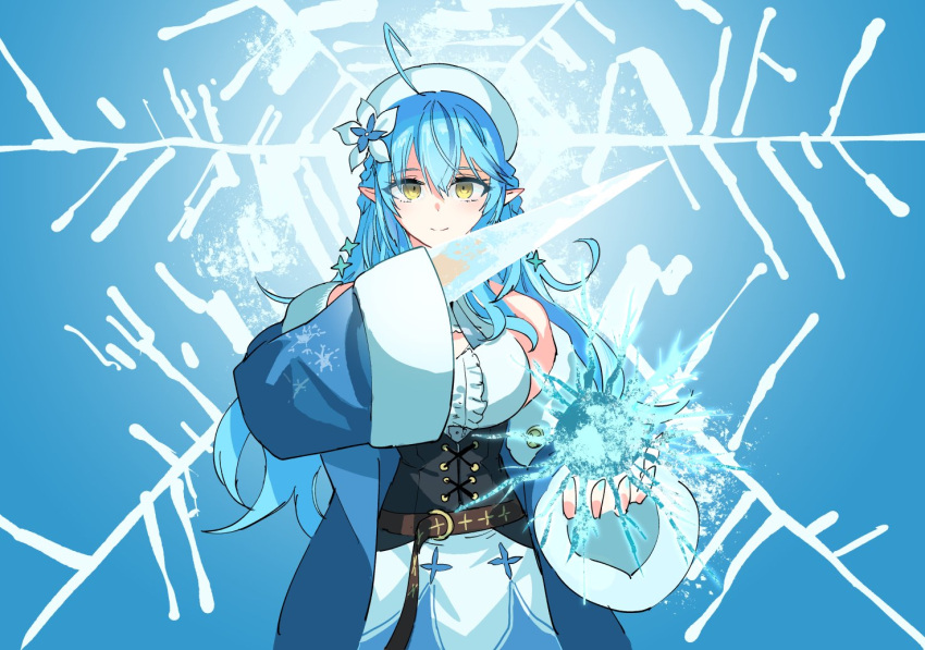 1girl ahoge bangs bare_shoulders blue_hair blue_jacket breasts commentary_request corset crystal_sword elf eyebrows_visible_through_hair flower fur_trim hair_flower hair_ornament hand_over_eye hat hololive hololive_alternative ice jacket large_breasts long_hair looking_at_viewer magic mochizuki_maya off_shoulder one_eye_covered pointy_ears smile snowflake_background solo sword virtual_youtuber weapon wide_sleeves yellow_eyes yukihana_lamy