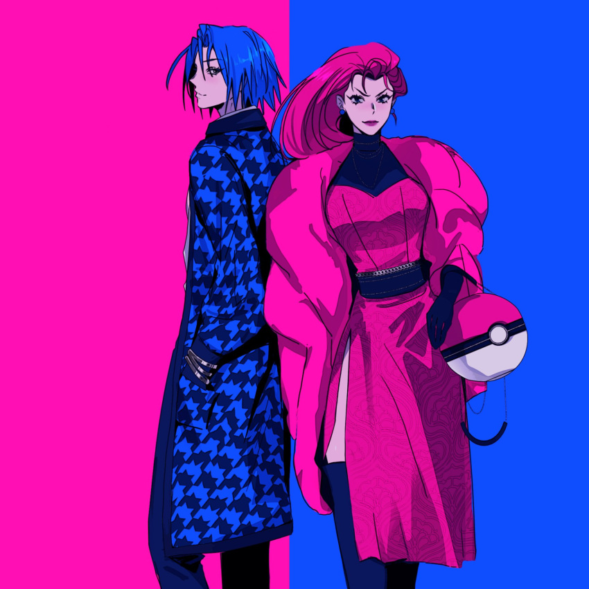 1boy 1girl blue_background blue_hair breasts closed_mouth contrast dress earrings english_commentary fashion feet_out_of_frame hands_in_pockets highres houndstooth james_(pokemon) jessie_(pokemon) jewelry pink_background pink_dress pink_hair poke_ball_symbol pokemon pokemon_(anime) sinful_hime team_rocket thigh-highs