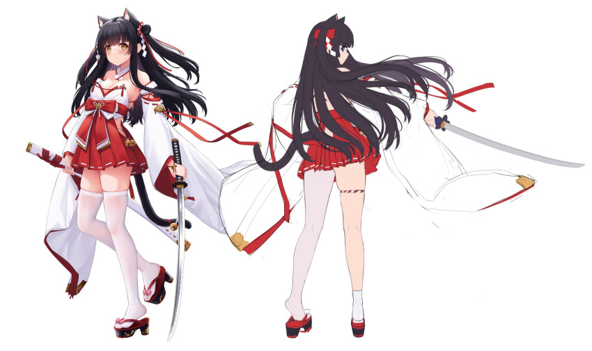 1girl allenes animal_ears asymmetrical_legwear azur_lane bangs bare_shoulders bell black_hair blush breasts cat_ears cat_tail character_sheet cleavage detached_sleeves full_body geta hair_ornament highres holding holding_sheath holding_sword holding_weapon japanese_clothes katana long_hair looking_at_viewer multiple_views standing standing_on_one_leg sword tail thigh-highs thigh_strap two_side_up uneven_legwear weapon white_background white_legwear wide_sleeves yellow_eyes yuugure_(azur_lane) yuugure_(shopping_at_the_festival)_(azur_lane) zettai_ryouiki