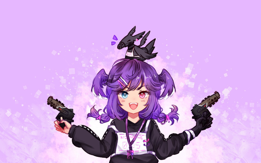 1girl animal_on_head apex_legends black_sweater blue_eyes braid dragon dual_wielding ember_(selen_tatsuki) energy_gun fangs gun handgun head_wings heterochromia highres holding holding_gun holding_weapon lanyard medium_hair muzzle on_head open_mouth pistol purple_hair reiru sa-3_mozambique selen_tatsuki shotgun solo sweater twin_braids v-shaped_eyebrows violet_eyes virtual_youtuber weapon