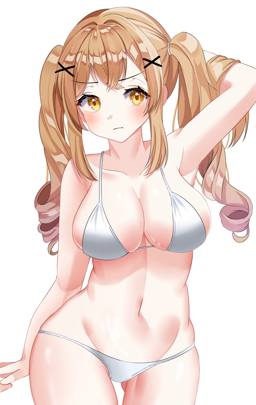 1girl absurdres arm_behind_head armpits ass_visible_through_thighs bang_dream! bare_shoulders bikini bikini_bottom bikini_top blush breasts brown_hair collarbone curly_hair eyebrows_visible_through_hair frown groin hair_between_eyes hair_ornament highres ichigaya_arisa kaho_oco large_breasts midriff multicolored_hair navel poppin'party simple_background solo streaked_hair swimsuit thigh_gap thighs twintails white_background white_bikini x_hair_ornament yellow_eyes