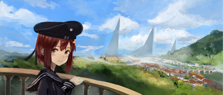 1girl balcony black_sailor_collar black_serafuku black_shirt blue_sky bob_cut brown_eyes character_name closed_mouth clouds day from_side hat kantai_collection long_sleeves looking_at_viewer looking_to_the_side luicent medium_hair outdoors redhead sailor_collar sailor_hat school_uniform serafuku shirt sky smile solo z3_max_schultz_(kancolle)