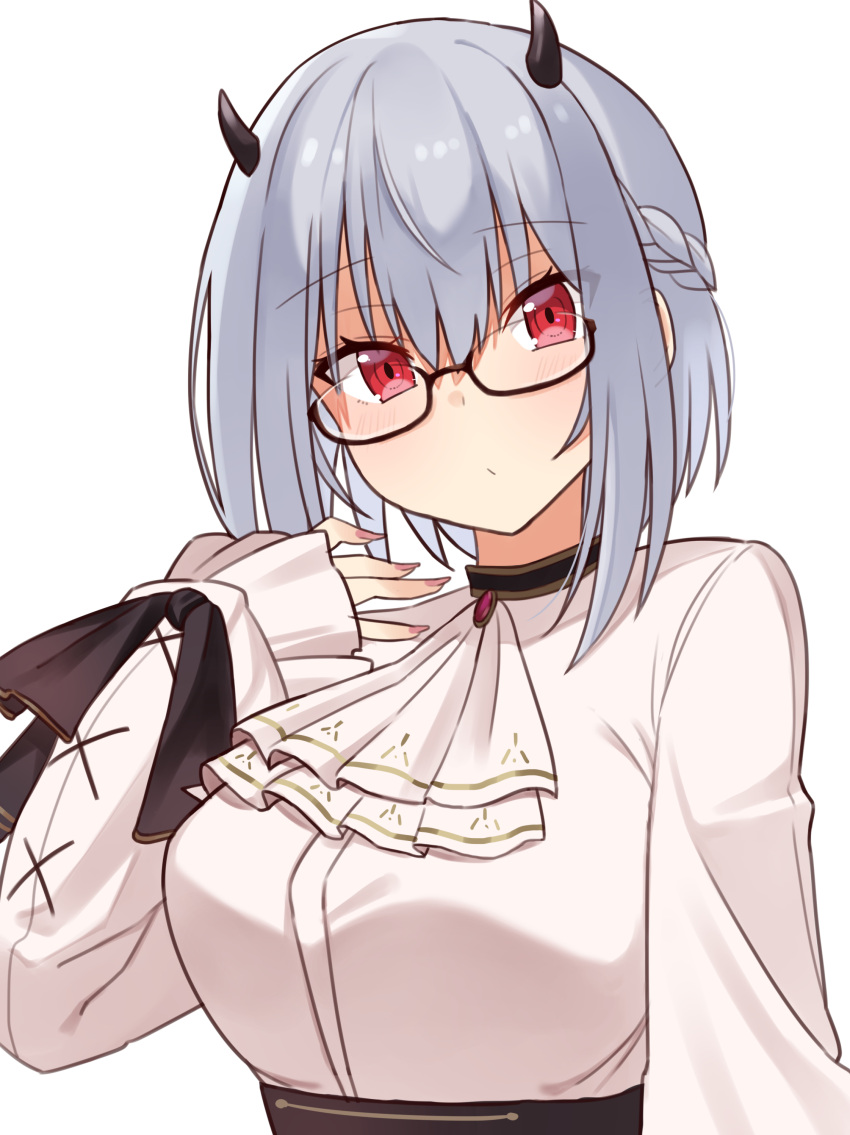 1girl absurdres black-framed_eyewear blush breasts closed_mouth eyebrows_visible_through_hair glasses grey_hair hakase_fuyuki highres horns large_breasts long_sleeves looking_at_viewer nijisanji red_eyes semi-rimless_eyewear short_hair solo tyoko_tanuki16 under-rim_eyewear upper_body virtual_youtuber