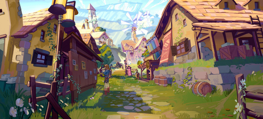 3boys absurdres blonde_hair blue_sky board boots brown_footwear caiosinem fence highres house link mountain multiple_boys pointy_ears scenery shade shield signpost sky solo_focus standing sword the_legend_of_zelda the_legend_of_zelda:_breath_of_the_wild town village weapon windmill