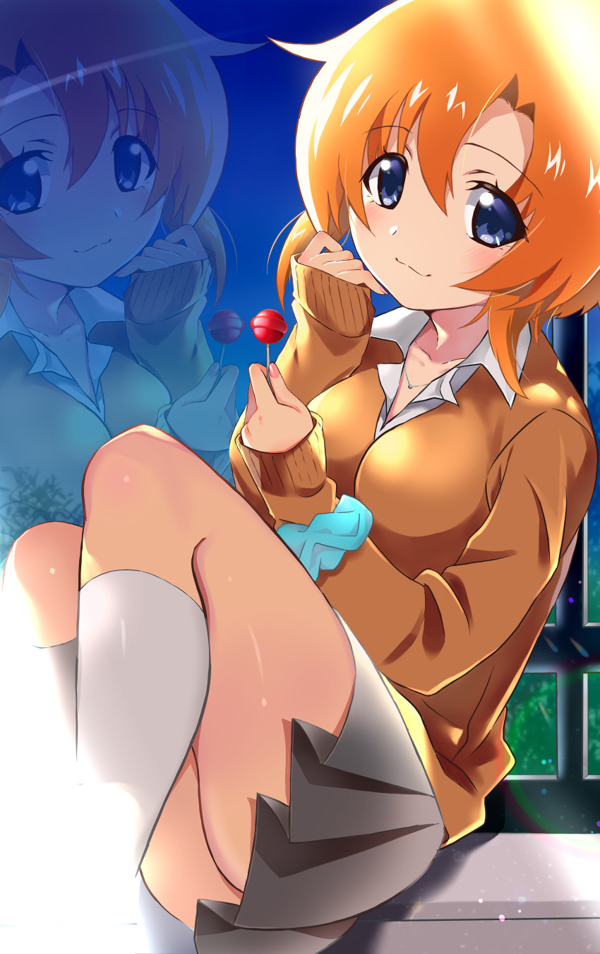 1girl absurdres bangs black_skirt blue_eyes blue_scrunchie blush breasts brown_sweater candy closed_mouth collarbone collared_shirt commentary_request eyebrows_visible_through_hair fingernails food hair_between_eyes hands_up happy highres higurashi_no_naku_koro_ni holding holding_candy holding_food holding_lollipop indoors jewelry kneehighs lens_flare lollipop long_sleeves looking_at_viewer mashimaro_tabetai necklace orange_hair pink_nails reflection ryuuguu_rena scrunchie shirt short_hair sitting skirt sleeves_past_wrists solo sweater white_legwear white_shirt window wrist_scrunchie