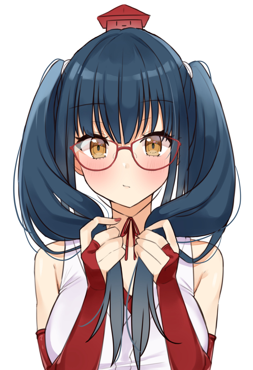 1girl absurdres blue_hair breasts brown_eyes closed_mouth collarbone expressionless eyebrows_visible_through_hair glasses highres large_breasts long_hair looking_at_viewer nijisanji red-framed_eyewear red_nails sleeveless solo twintails tyoko_tanuki16 virtual_youtuber yamagami_karuta