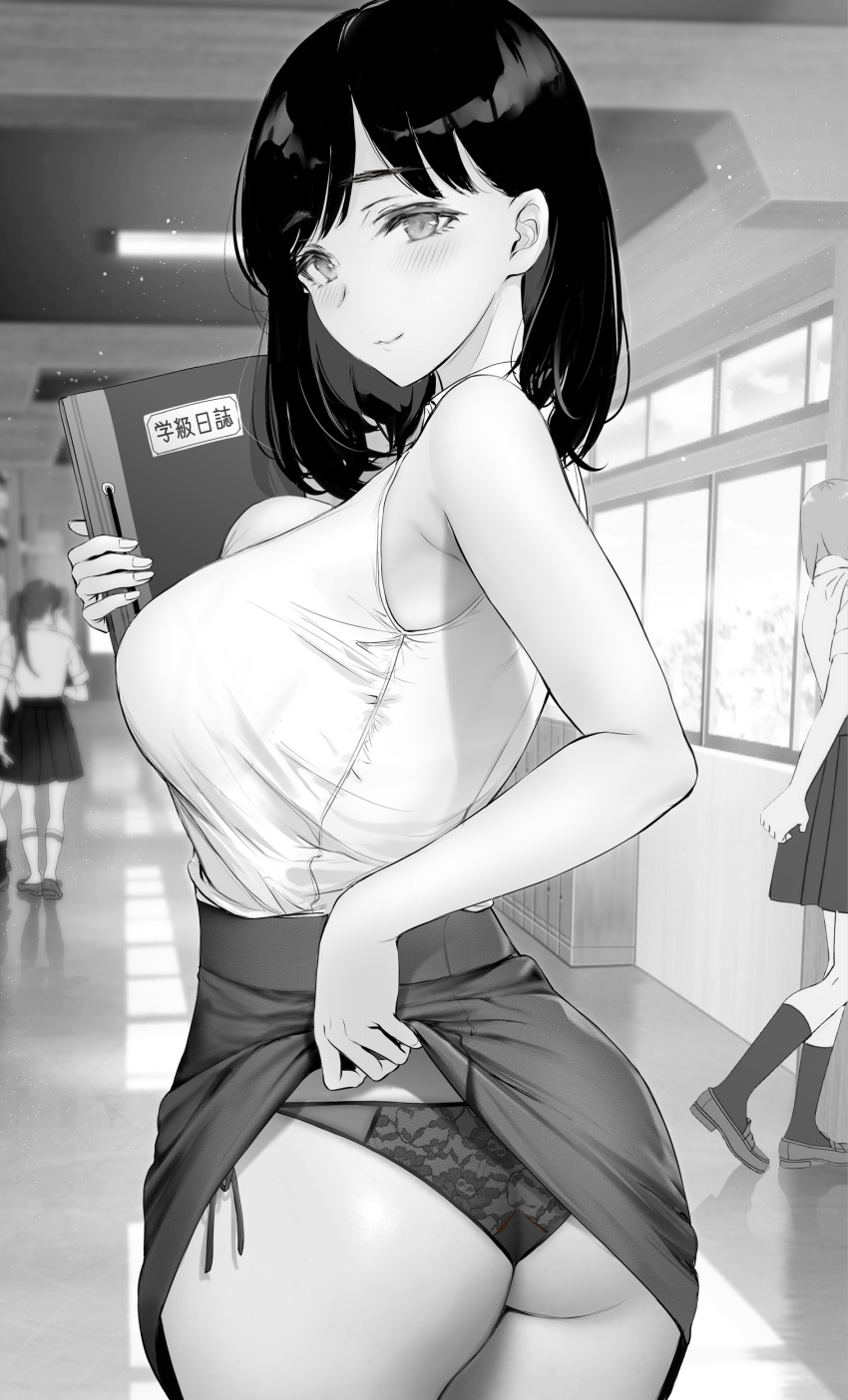 absurdres ass bare_arms black_hair black_panties black_skirt blush breasts clothes_lift gentsuki greyscale highres holding holding_notebook lifted_by_self looking_at_viewer looking_back monochrome multiple_girls notebook original panties pleated_skirt school_hall school_uniform seductive_smile shirt side-tie_panties skirt skirt_lift sleeveless sleeveless_shirt smile solo_focus standing teacher turning_head underwear white_shirt window