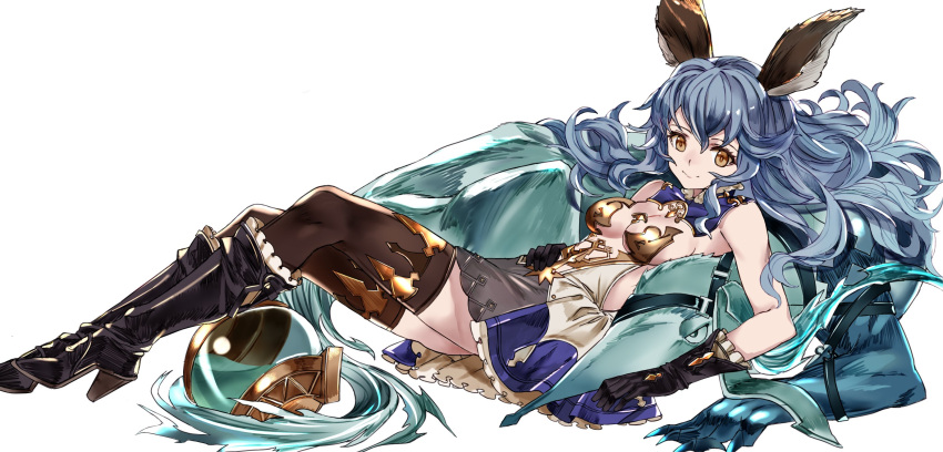 1girl animal_ears black_gloves black_legwear blue_hair blue_skirt boots breasts brown_eyes cape claws dress erune ferry_(granblue_fantasy) gloves granblue_fantasy high_heels highres leaning leaning_back light_brown_eyes long_hair looking_at_viewer luicent medium_breasts rabbit_ears sideboob simple_background skirt smile solo thigh-highs wavy_hair white_background zettai_ryouiki