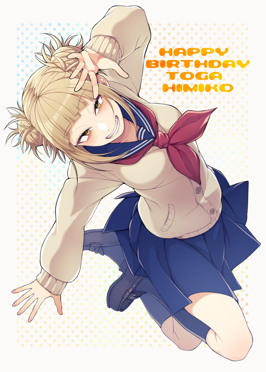 1girl bags_under_eyes bangs birthday blonde_hair blue_sailor_collar blue_skirt blunt_bangs boku_no_hero_academia cardigan character_name dotted_background double_bun fangs full_body hand_on_own_forehead highres kneehighs kobaji loafers messy_hair narrowed_eyes neckerchief pleated_skirt red_neckwear sailor_collar school_uniform serafuku shoes sidelocks simple_background skirt slit_pupils smile solo teeth toga_himiko white_background yellow_cardigan yellow_eyes