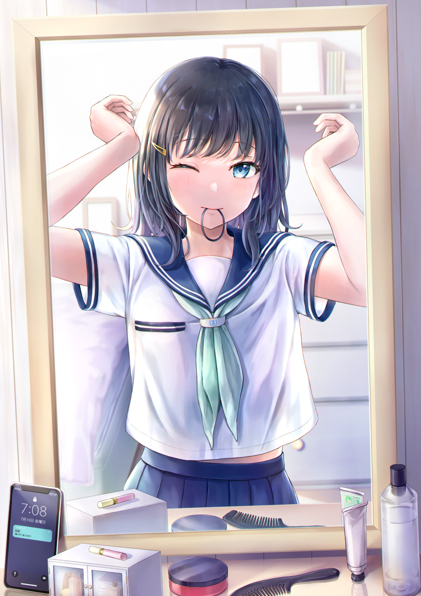 1girl absurdres bangs black_hair blue_sailor_collar blue_skirt cellphone comb commentary cosmetics english_commentary eyebrows_visible_through_hair hair_ornament hairclip hands_up highres lipstick_tube looking_at_viewer mirror mouth_hold original phone pleated_skirt sailor_collar school_uniform serafuku short_hair short_sleeves skirt smile solo tokeshi