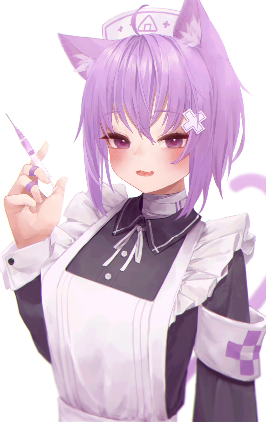 1girl absurdres ahoge animal_ear_fluff animal_ears apron bandages bandaid blush cat_ears cat_tail eyebrows_visible_through_hair fang hair_between_eyes hat highres hololive long_sleeves maid maid_apron nanome_to nekomata_okayu nurse nurse_cap open_mouth purple_hair short_hair simple_background solo syringe tail upper_body violet_eyes white_background wrist_cuffs