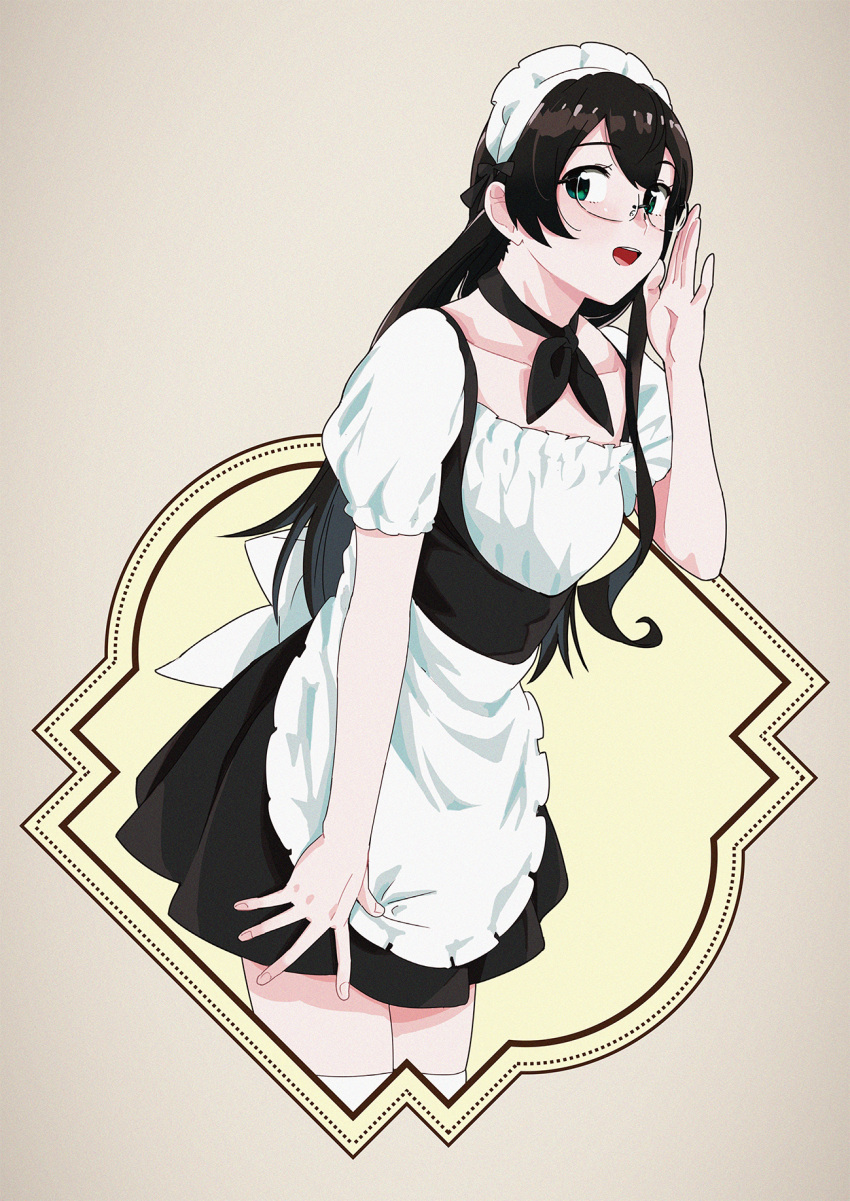 1girl alternate_costume apron bangs black_dress black_hair blue_eyes blush breasts collarbone dress enmaided eyebrows_visible_through_hair frills glasses green_eyes hair_between_eyes hairband highres kantai_collection long_hair looking_at_viewer maid maid_apron maid_headdress neckerchief ojipon ooyodo_(kancolle) open_mouth puffy_short_sleeves puffy_sleeves ribbon semi-rimless_eyewear short_sleeves simple_background small_breasts smile solo thigh-highs under-rim_eyewear waist_apron white_legwear
