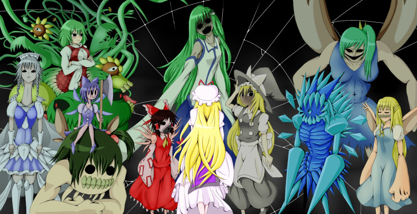 abs black_hair blonde_hair carnivorous_plant cirno closed_eyes cropped_legs daiyousei dual_wielding empty_eyes fairy fairy_wings flower from_behind green_hair hakurei_reimu hat head_only highres holding ice ice_wings izayoi_sakuya kazami_yuuka kirisame_marisa kochiya_sanae monster muscular muscular_female no_pupils ofuda plant reisen_udongein_inaba sharp_teeth sunflower teeth touhou touhou_grotesque_land_story venus_flytrap vines white_hair wings witch witch_hat yakumo_yukari yufutwun