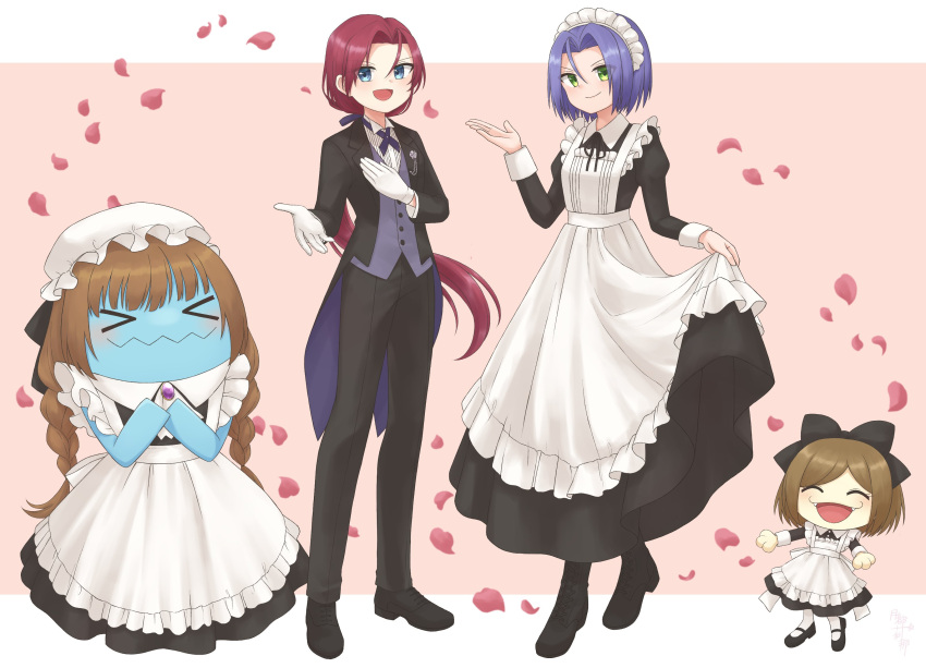 1boy 1girl absurdres apron blue_hair commentary crossdressing gen_1_pokemon gen_2_pokemon highres james_(pokemon) jessie_(pokemon) maid maid_apron meowth petals pokemon pokemon_(anime) pokemon_(creature) redhead rose_petals tsukino_mi wobbuffet