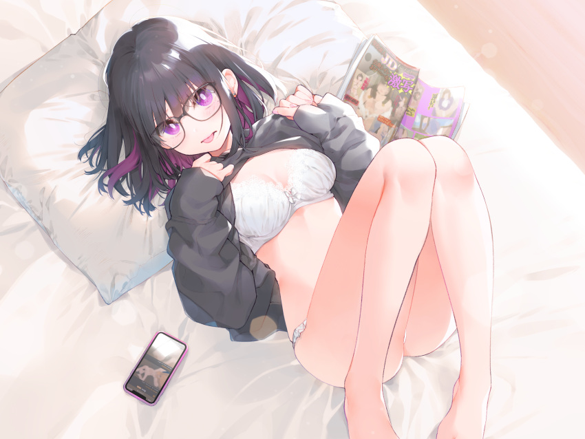 1girl :p absurdres aihara_shouta bangs bare_legs barefoot black-framed_eyewear black_hair blush bra breasts bright_pupils cellphone clothes_lift colored_inner_hair earrings eyebrows_visible_through_hair feet_out_of_frame glasses highres jewelry knees_together_feet_apart long_sleeves looking_at_viewer lying magazine medium_breasts mole mole_under_eye multicolored_hair nail_polish non-web_source on_back on_bed original panties phone pillow pink_eyes pink_hair purple_hair short_hair sleeves_past_wrists smartphone solo stud_earrings sweater sweater_lift tongue tongue_out two-tone_hair underwear violet_eyes white_bra white_panties white_pupils