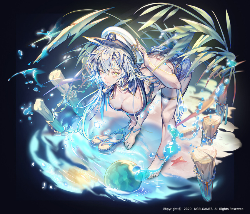 1girl bikini black_background blush breasts closed_mouth food fruit hat hero_cantare large_breasts leaning_forward long_hair looking_at_viewer official_art sailor_hat short_shorts shorts solo splashing swimsuit the_god_of_high_school thick_thighs thighs water watermelon wet wet_hair white_hair yagaaaa yellow_eyes yu_mira