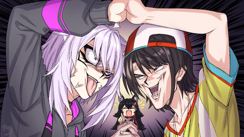 3girls ahoge animal_ears baseball_cap black_hair calzooone cat_ears facial_mark hat highres hololive hood hoodie laughing multiple_girls nekomata_okayu ookami_mio oozora_subaru parody pointing purple_hair shirt signature striped striped_shirt tongue tongue_out uneven_eyes veins virtual_youtuber wolf_ears yu-gi-oh!