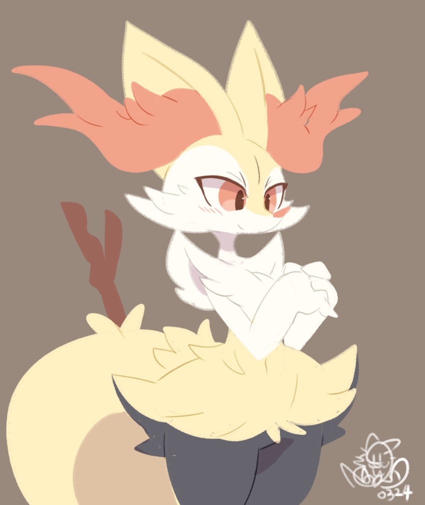 animal_ear_fluff animal_ears blush braixen brown_background closed_mouth cowboy_shot dated fox_ears fox_tail furry gen_6_pokemon hands_together highres light_smile looking_to_the_side navel pokemon red_eyes red_nose shiongaze signature simple_background solo standing stick tail thick_thighs thighs tsurime wide_hips