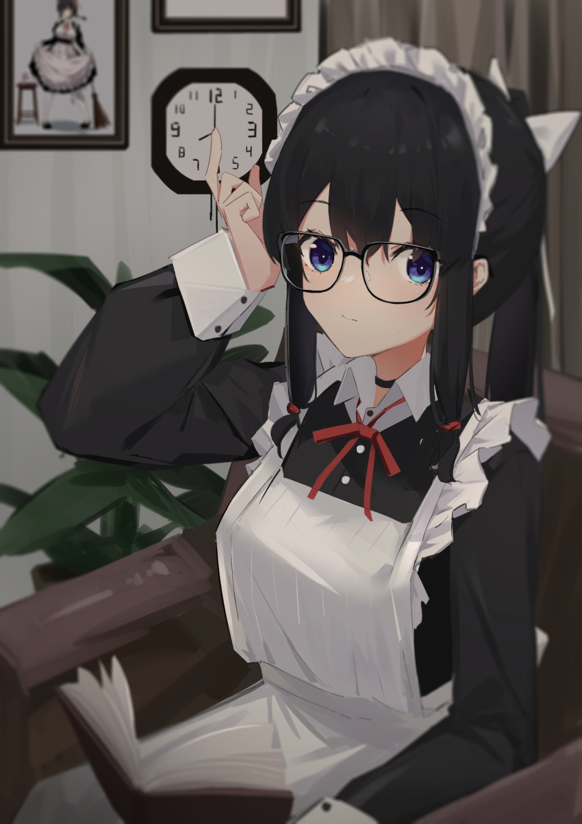 1girl absurdres apron armchair black_choker black_dress black_hair blue_eyes blurry book book_on_lap chair chichi_guai chinese_commentary choker clock closed_mouth commentary_request curtains depth_of_field dress glasses hand_up highres holding holding_book indoors long_hair long_sleeves looking_at_viewer maid maid_apron maid_headdress neck_ribbon on_chair original plant ponytail potted_plant reading red_neckwear ribbon sitting soft_focus solo white_apron