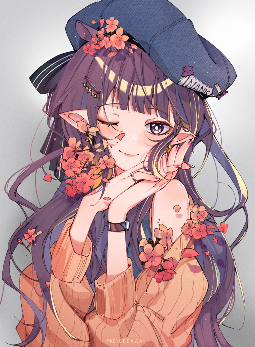 1girl absurdres bangs blunt_bangs blush eyebrows_visible_through_hair flower hair_ornament halo highres hololive hololive_english keisea long_hair looking_at_viewer mole mole_under_eye multicolored_hair ninomae_ina'nis off-shoulder_sweater off_shoulder one_eye_closed pointy_ears purple_hair smile solo sweater virtual_youtuber watch