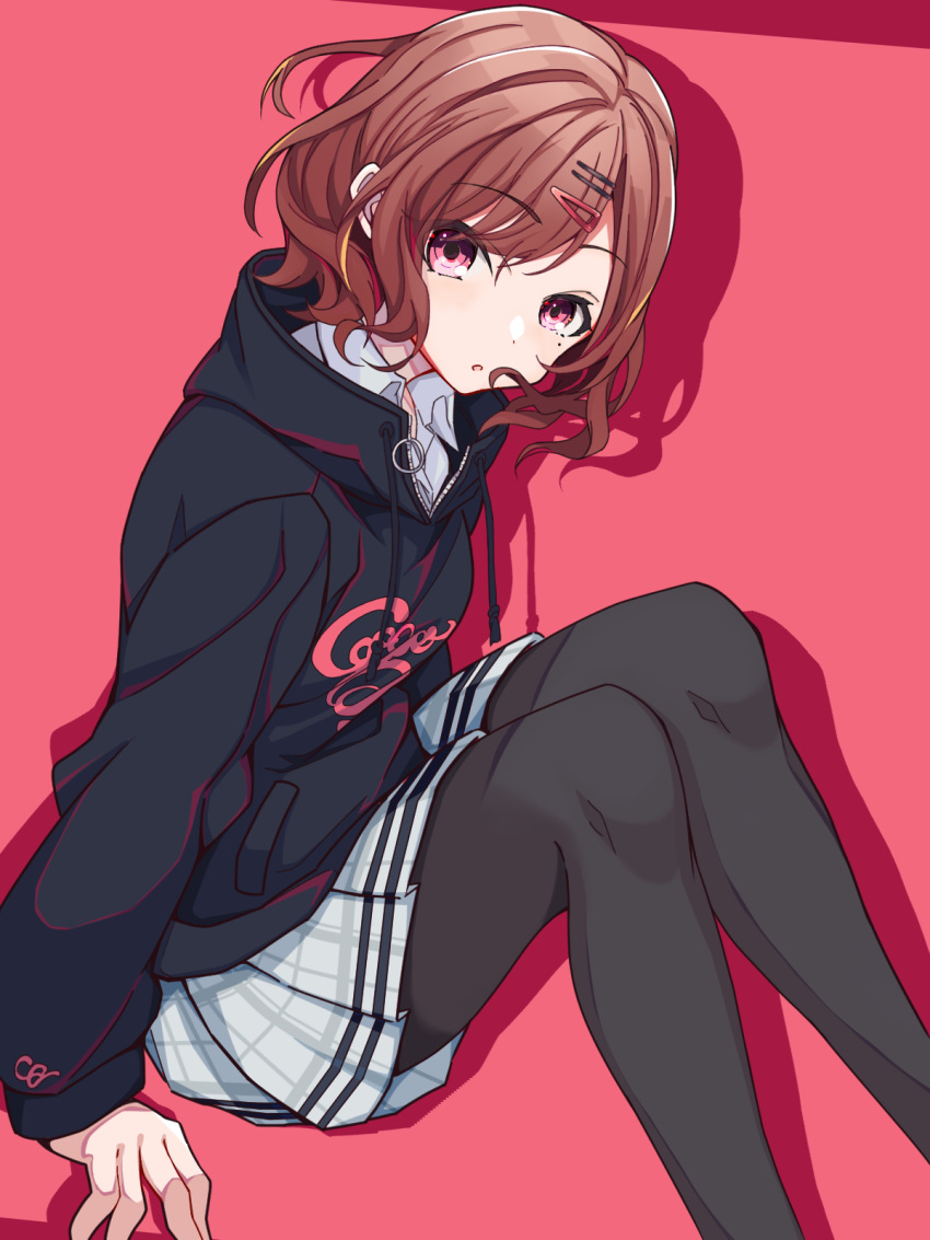 1girl black_legwear black_sweater brown_hair collared_shirt grey_shirt hair_ornament hairclip highres higuchi_madoka idolmaster idolmaster_shiny_colors long_sleeves looking_at_viewer medium_hair miniskirt mole mole_under_eye open_mouth pantyhose pink_background pleated_skirt red_eyes sh28976778 shirt sitting skirt solo sweater white_skirt wing_collar