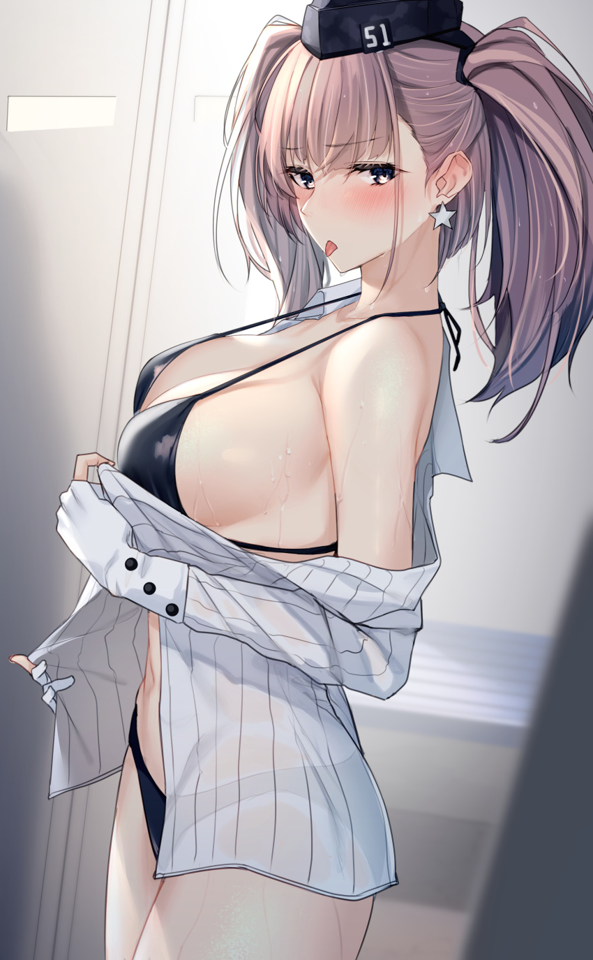 1girl absurdres atlanta_(kancolle) bikini black_bikini black_headwear blush breasts brown_hair cowboy_shot earrings eyebrows_visible_through_hair garrison_cap grey_eyes hat highres jewelry kantai_collection large_breasts long_hair long_sleeves open_clothes open_shirt pallad shirt single_earring solo star_(symbol) star_earrings swimsuit tongue tongue_out two_side_up white_shirt