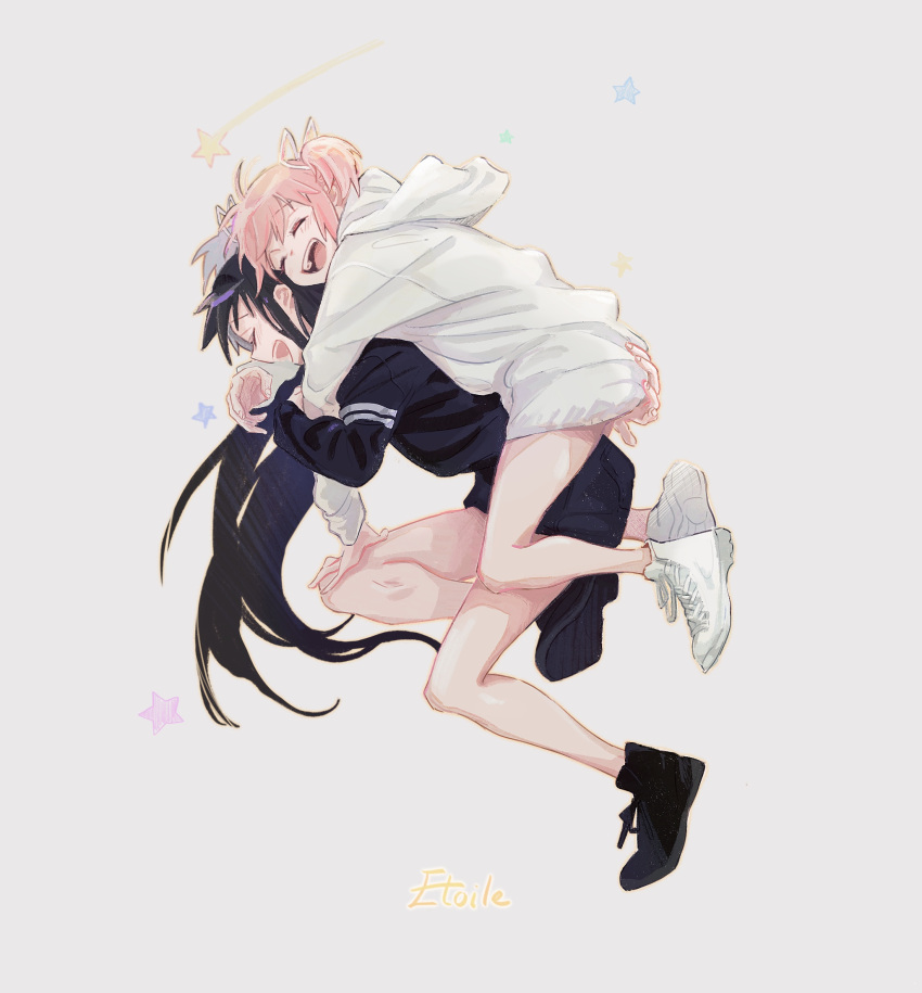 2girls akemi_homura bare_legs black_footwear black_hair black_jacket carrying closed_eyes commentary_request eyebrows_visible_through_hair floating grey_background highres hood hoodie hug hug_from_behind jacket kaname_madoka karen_le_cao long_hair long_sleeves mahou_shoujo_madoka_magica multiple_girls open_mouth piggyback pink_hair shoes short_hair short_twintails simple_background smile sneakers star_(symbol) translated twintails white_footwear white_hoodie yuri