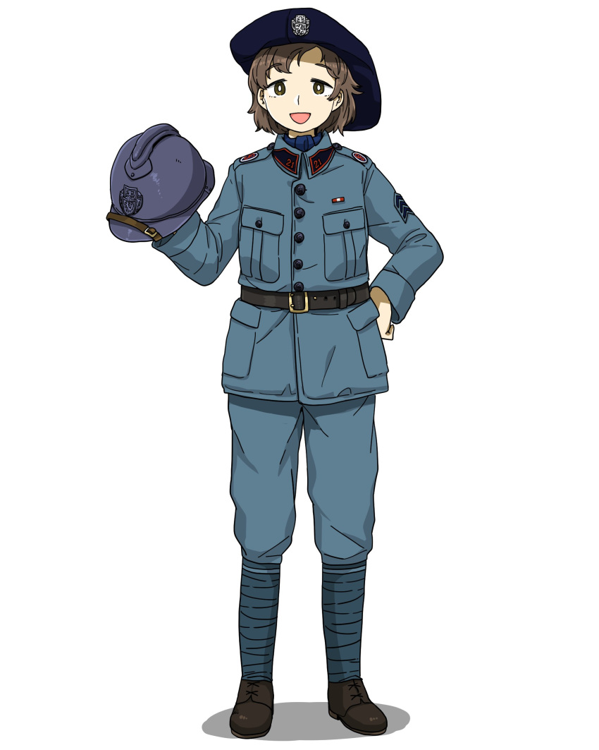 1girl absurdres adrian_helmet anyan_(jooho) belt black_belt blue_headwear blue_jacket blue_pants brown_footwear brown_hair full_body hat headwear_removed helmet helmet_removed highres jacket leg_wrap long_sleeves looking_at_viewer military military_rank_insignia military_uniform original pants shoes short_hair simple_background smile solo uniform white_background world_war_i