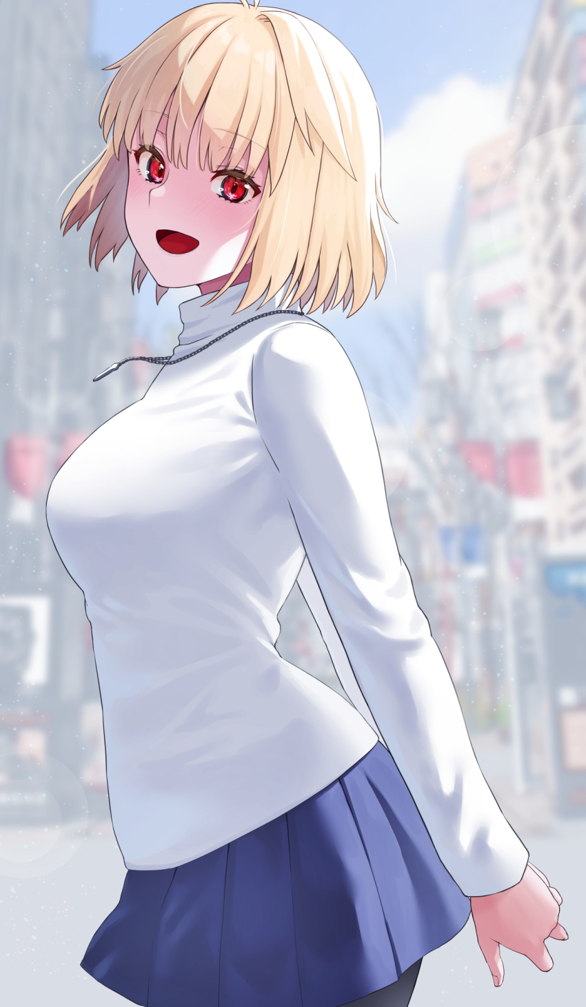 arcueid_brunestud arms_behind_back blonde_hair blue_skirt blurry blurry_background breasts cityscape cowboy_shot eyebrows_visible_through_hair from_side hands_together highres jewelry krs_(karasu) long_sleeves looking_at_viewer medium_breasts medium_hair miniskirt necklace open_mouth pantyhose pleated_skirt red_eyes skirt smile sweater tsukihime tsurime turtleneck turtleneck_sweater white_sweater