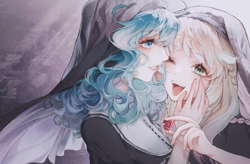2girls :d aqua_hair blonde_hair braid couple curly_hair eyeshadow gabriel_(tokyo_houkago_summoners) gradient_hair green_eyes hair_strand hand_on_another's_face hand_on_another's_shoulder heads_together heart lips long_hair makeup maria_(tokyo_houkago_summoners) multicolored_hair multiple_girls one_eye_closed open_mouth priestess smile sunlight tokyo_houkago_summoners tongue upper_body wwhiteli yuri