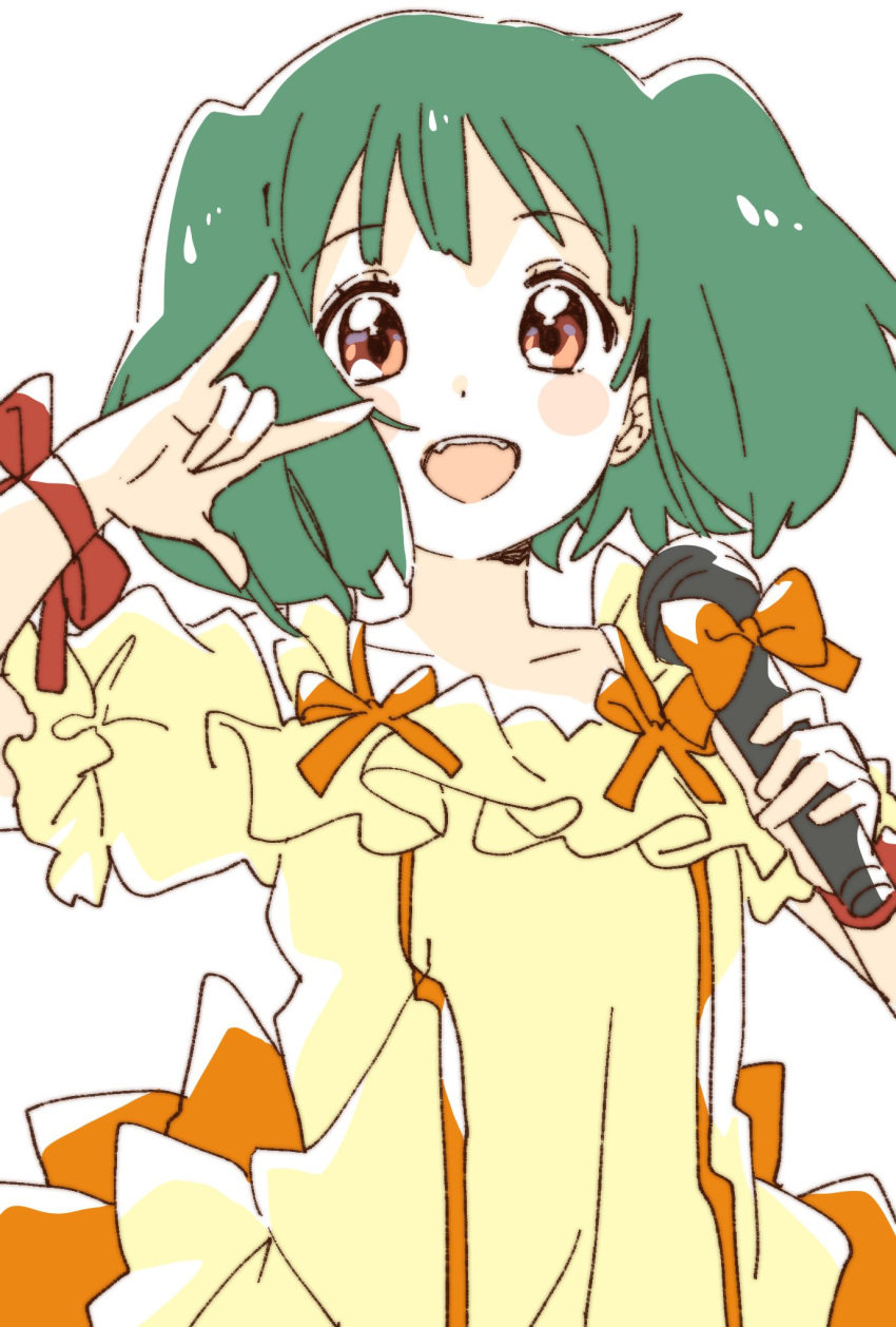 1girl :d \m/ blush bow eyebrows_visible_through_hair green_hair highres holding holding_microphone looking_at_viewer macross macross_frontier microphone namori open_mouth orange_bow ranka_lee red_eyes short_hair simple_background smile solo thigh-highs white_background