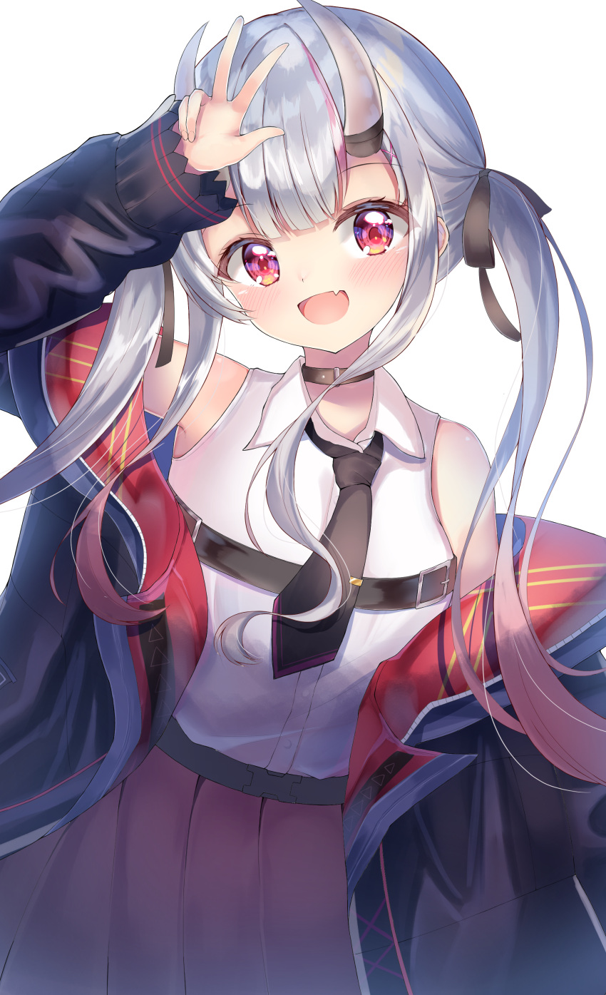 1girl :d absurdres arm_up bangs black_choker black_jacket black_neckwear black_ribbon blush choker collared_shirt commentary_request cowboy_shot eyebrows_visible_through_hair fang gradient_hair hair_ribbon highres hololive jacket long_hair long_sleeves looking_at_viewer multicolored_hair nakiri_ayame necktie off_shoulder oni open_clothes open_jacket open_mouth pleated_skirt rappi red_eyes redhead ribbon shirt sidelocks silver_hair simple_background skin_fang skirt smile solo twintails v virtual_youtuber white_background white_shirt