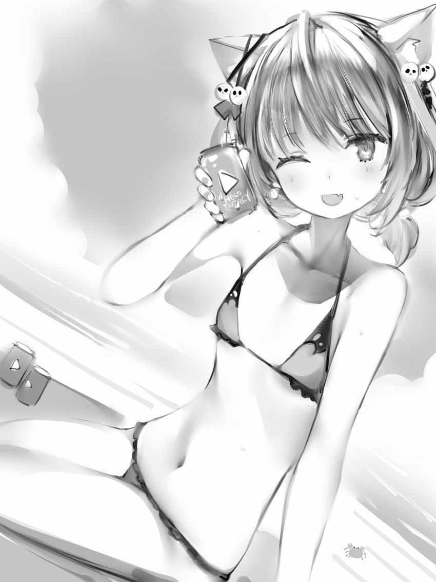 1girl :d animal_ears beach bikini blush can cat_ears dutch_angle fang flat_chest greyscale highres holding holding_can hololive looking_at_viewer low_twintails medium_hair monochrome nanashi_(nlo) navel one_eye_closed open_mouth outdoors skin_fang smile solo swimsuit twintails uruha_rushia
