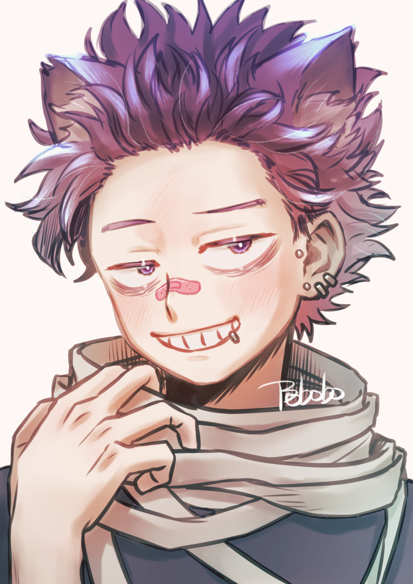 1boy absurdres animal_ears bandaid bandaid_on_nose bangs blush bobobo_(oi_nanimitendayo) boku_no_hero_academia cat_ears commentary_request ear_piercing earrings face grin hand_up highres jewelry looking_at_viewer male_focus piercing purple_hair scarf shinsou_hitoshi simple_background smile solo spiky_hair teeth upper_body