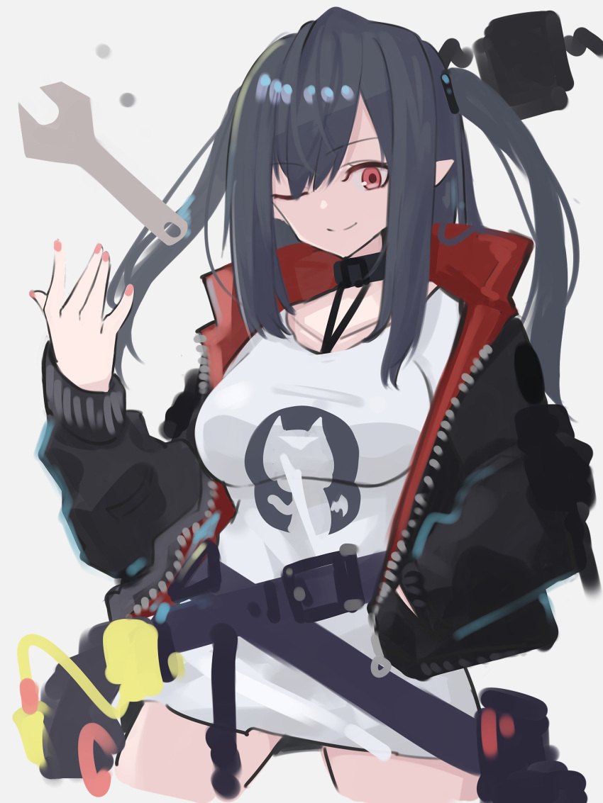 1girl arknights asususususu bangs black_hair black_jacket closed_mouth closure_(arknights) drone grey_background hair_between_eyes hand_in_pocket highres jacket long_hair long_sleeves looking_at_viewer one_eye_closed pointy_ears red_eyes shirt simple_background smile solo white_shirt wrench