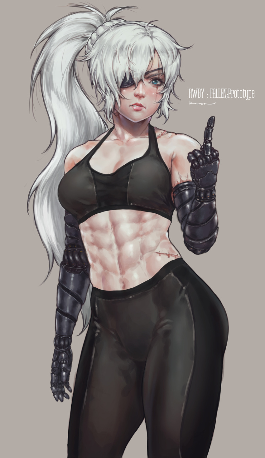 1girl abs blue_eyes breasts contrapposto copyright_name cowboy_shot disgust eyepatch highres kuon_(kwonchanji) long_hair mechanical_arms medium_breasts middle_finger midriff navel pants pink_lips prosthesis prosthetic_arm rwby scar scar_across_eye side_ponytail signature silver_hair solo sports_bra toned weiss_schnee yoga_pants