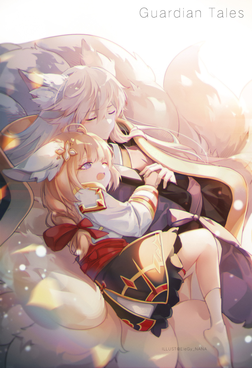1boy 1girl animal_ears artist_name closed_mouth eight-tailed_fox_nari eyebrows_visible_through_hair fox_boy fox_ears fox_girl fox_tail grey_hair guardian_tales hair_ornament highres holding_hands hug korean_clothes long_hair looking_at_another multiple_tails nana895 nine_tailed_fox_garam one_eye_closed open_mouth orange_hair ponytail sleeping tail white_background white_legwear