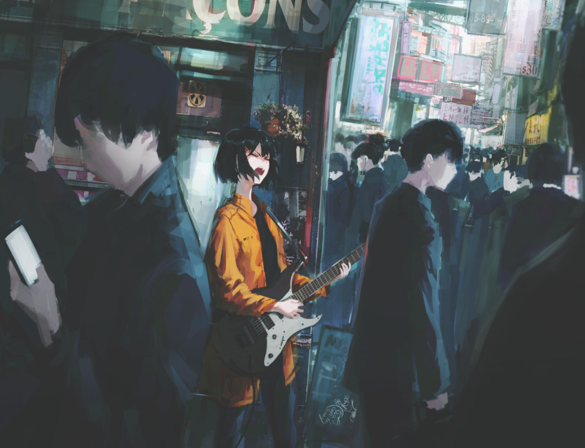 1girl black_hair city cityscape closed_eyes electric_guitar flower guitar highres instrument multiple_others open_mouth original playing road scenery short_hair sign solo_focus standing street ujimine