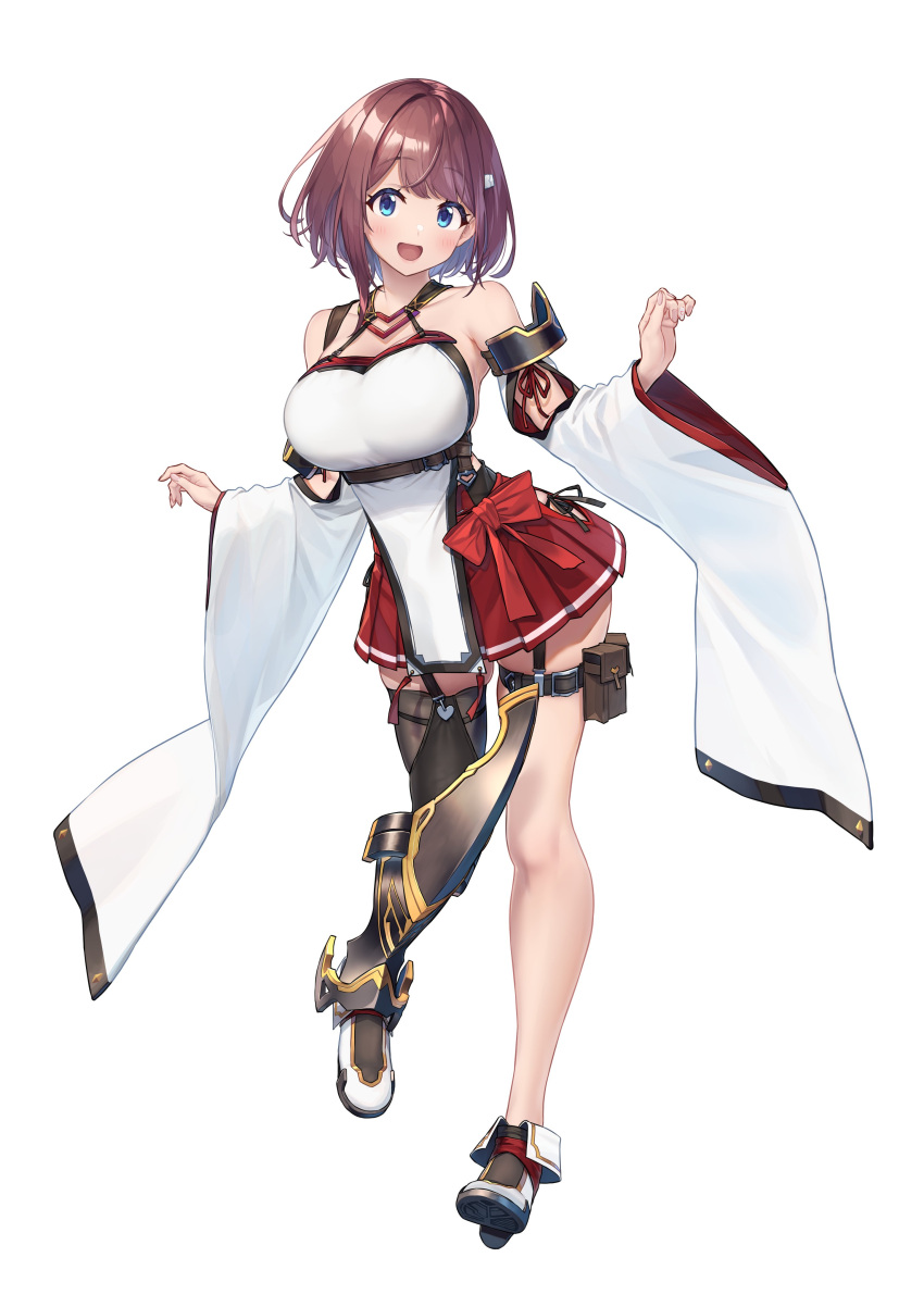 1girl absurdres armor baffu bare_shoulders belt blue_eyes breasts brown_hair collarbone contrapposto curvy detached_sleeves eyebrows_visible_through_hair full_body garter_straps halterneck head_tilt highres hip_vent hitoyo_(baffu) holster huge_breasts looking_at_viewer medium_hair open_mouth original panties panty_straps pleated_skirt red_skirt short_hair side-tie_panties sideboob sideless_outfit single_thighhigh skindentation skirt smile solo tareme thigh-highs thigh_holster thigh_strap underwear wide_sleeves zettai_ryouiki