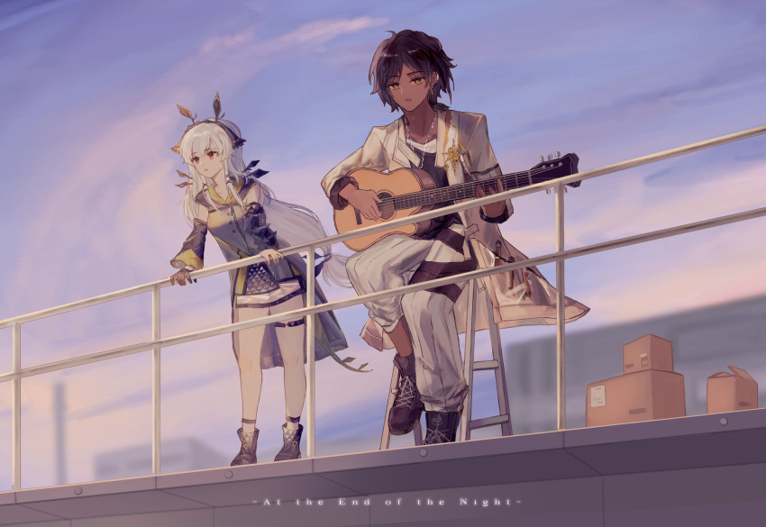 1boy 1girl absurdres arknights boots chand commentary_request dark-skinned_male dark_skin english_text fake_antennae guitar hair_ornament headband highres instrument long_hair music playing_instrument railing red_eyes shoes silver_hair sitting sneakers thorns_(arknights) weedy_(arknights)